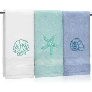 3 Pack Coastal Hand Towels for Bathroom 100% Cotton Embroidered Beach Bathroom Towels 13.8 x 29.5'' Seashell Starfish Conch Blue Finger Towel Nautical Decorative Towel Gift for Summer Holiday
