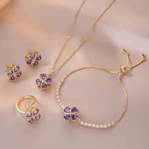 4PCS Purple Jewelry Set Loving Heart Zircon Flower Rotating New Design Elegant Outfit Titanium Steel Necklace Ring Bracelet Earrings Fashion Accessories