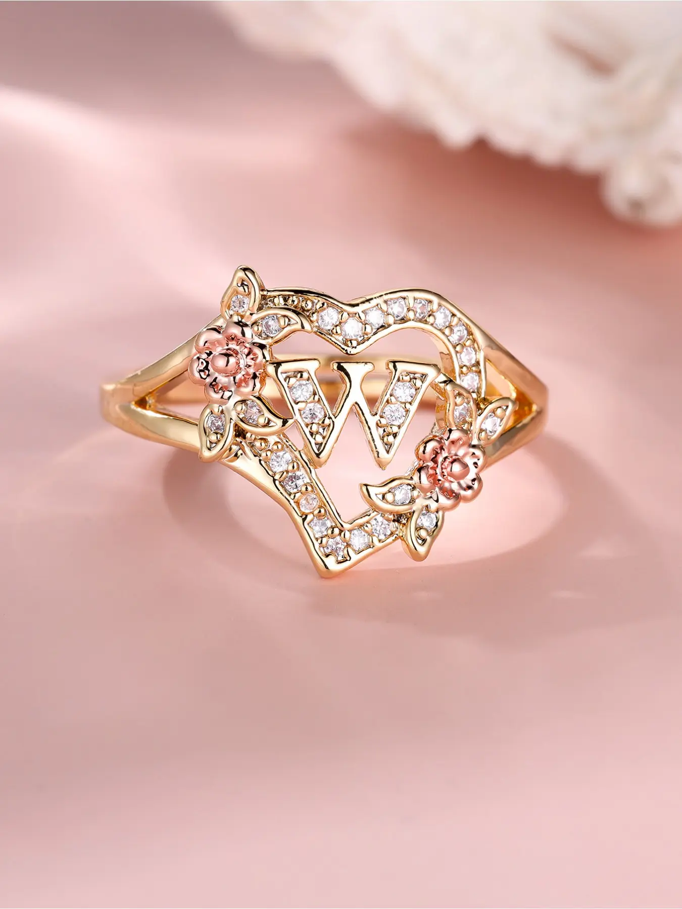 White Synthetic Zirconia Heart Design Double Flower Design Rose Gold Plated & Gold Plated A-Z Adjustable Ring, Women's Fashion Ring, Suitable for Daily Wear And Gift Giving, Perfect for All Seasons, Promise Rings, Heart Letter Rings