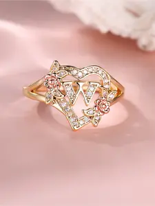 White Synthetic Zirconia Heart Design Double Flower Design Rose Gold Plated & Gold Plated A-Z Adjustable Ring, Women's Fashion Ring, Suitable for Daily Wear And Gift Giving, Perfect for All Seasons