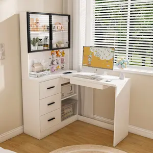 Elegant L-Shaped Computer Desk with Glass Cabinets & LED Lights, USB Ports, Keyboard Tray, Durable MDF Construction for Home & Office Workspaces