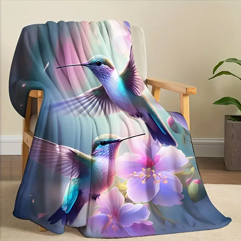 1Pc Charming Hummingbird Microfiber Fleece Throw Blanket - Lightweight Cozy Decorative Accessory, Vibrant Floral Print, Soft Home Decor, Decorative Blanket, Lightweight Cozy Blanket