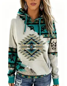 Women's Casual Long Sleeve Hooded Sweatshirt with Ethnic Aztec Geometric Print Patchwork Design, Drawstring Hood, Kangaroo Pocket, Soft Fleece Lined Pullover Top for Fall Winter