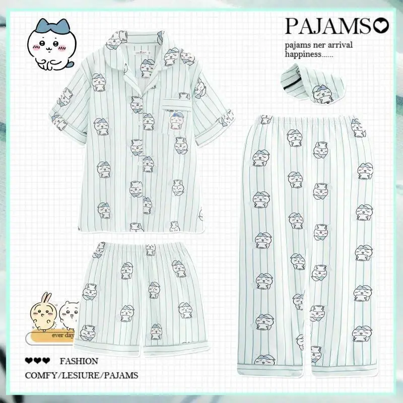 Chiikawa Usagi Hachiware Anime Pajama Set Round Neck Tops and Pants Set Cute Cartoon Homewear Soft Household Loungewear Outfit