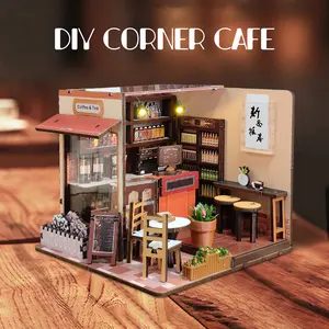 3d wooden puzzle for adults Corner Coffee Shop book nook with lights model kit dollhouse DIY miniature house Birthday and Christmas gifts