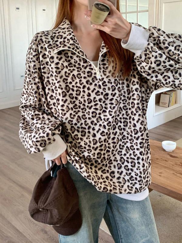 Women Casual Zip Up Front Corduroy Long Sleeve Leopard Print Sweatshirt,Fall Clothes