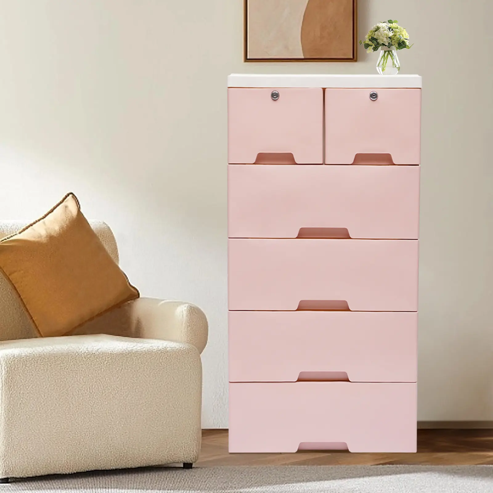 5 Tier 6 Drawer Storage Cabinet 50x35x102cm, Pink PP Organizer with Wheels for Bedroom Study Beauty Shop, 25kg Capacity