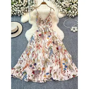 Women's All Over Print Shirred Cami Dress, Boho Fashion Casual Sleeveless Long Dress for Beach Holiday Vacation, Ladies Summer Clothes, Boho Bohemian Dress