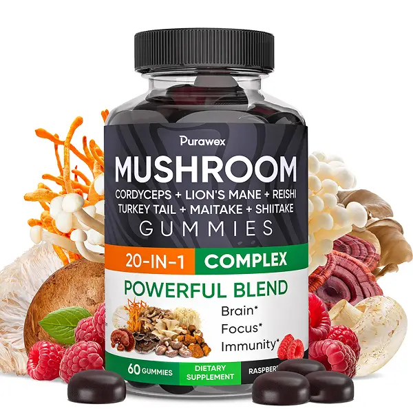 PURAWEX Mushroom complex gummies 20 in 1 Cordyceps, Reishi, Lion's Mane, Sugar-F...