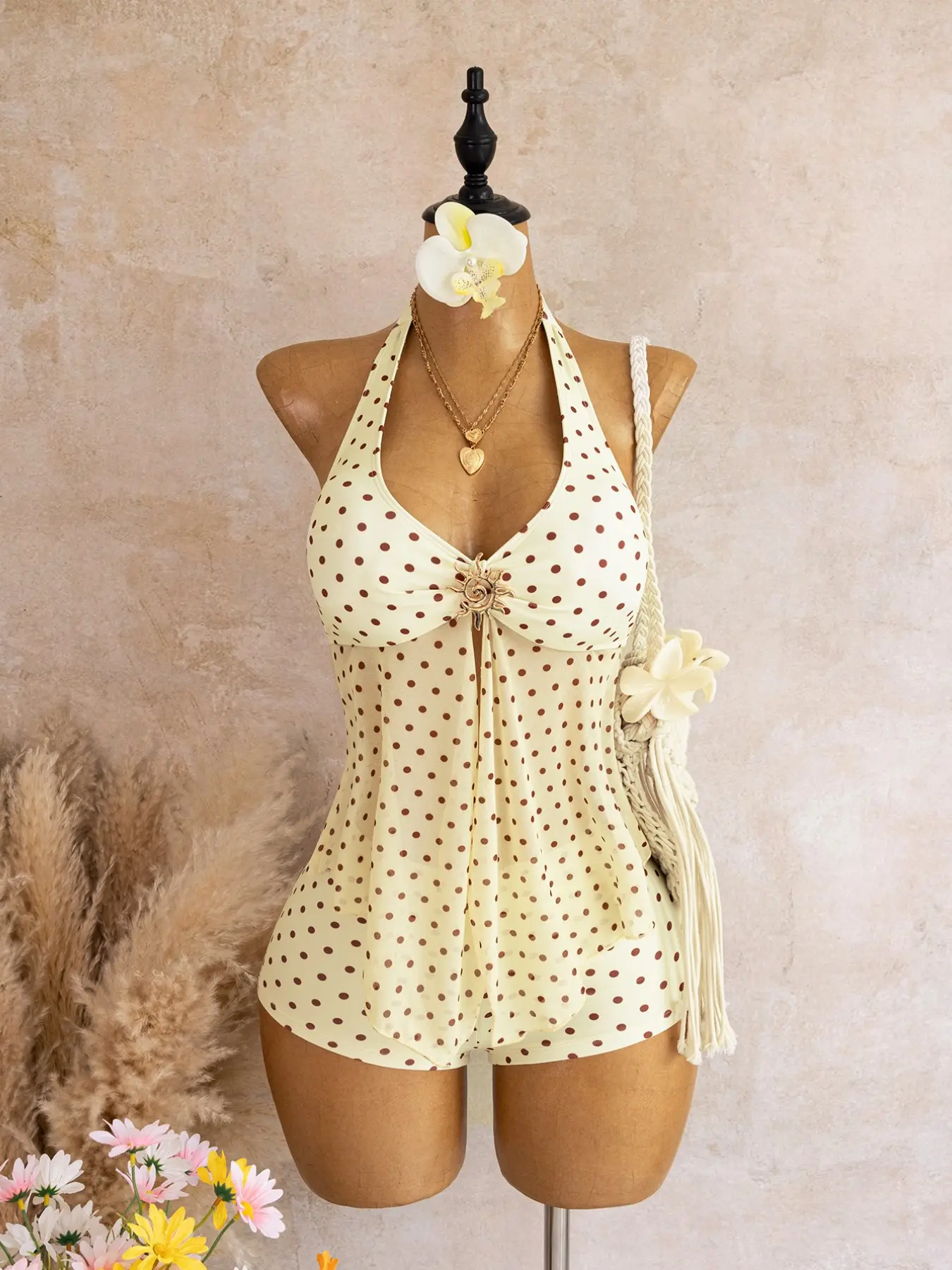 Polka Dot V-Neck Metal Buckle Mesh Halter Neck Top & Shorts Two-Piece Set, Swimwear, Stylish Beach Wear, Tankini Beachwear