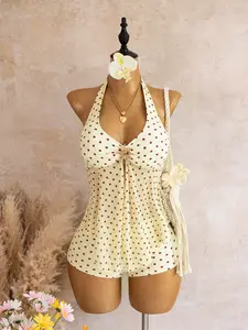 Polka Dot Halter Neck V-Neck Metal Buckle Mesh Skirt Flat Bottom Pant Split Swimwear Two-Piece Set, Stylish Beach Wear, Beachwear Swimsuits