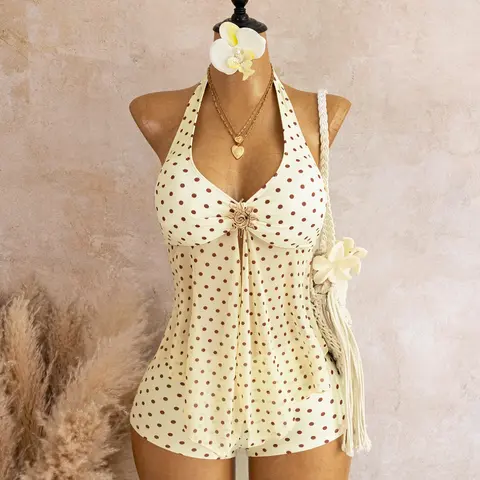 Polka Dot V-Neck Metal Buckle Mesh Halter Neck Top & Shorts Two-Piece Set, Swimwear, Stylish Beach Wear, Tankini Sets, Tankini Beachwear