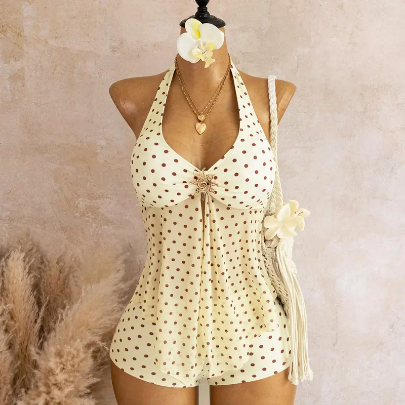 Polka Dot V-Neck Metal Buckle Mesh Halter Neck Top & Shorts Two-Piece Set, Swimwear, Stylish Beach Wear, Tankini Sets, Tankini Beachwear