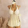 Polka Dot V-Neck Metal Buckle Mesh Halter Neck Top & Shorts Two-Piece Set, Swimwear, Stylish Beach Wear, Tankini Sets, Tankini Beachwear