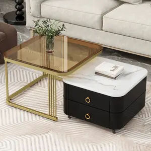 【GOOGREAT】ON-TREND 2-in-1 Square Nesting Coffee Table with Wheels & Drawers, Stackable Side Table with High Gloss Marble Grain Top, End Table Set with Brown Tempered Glass for Living Room, Black
