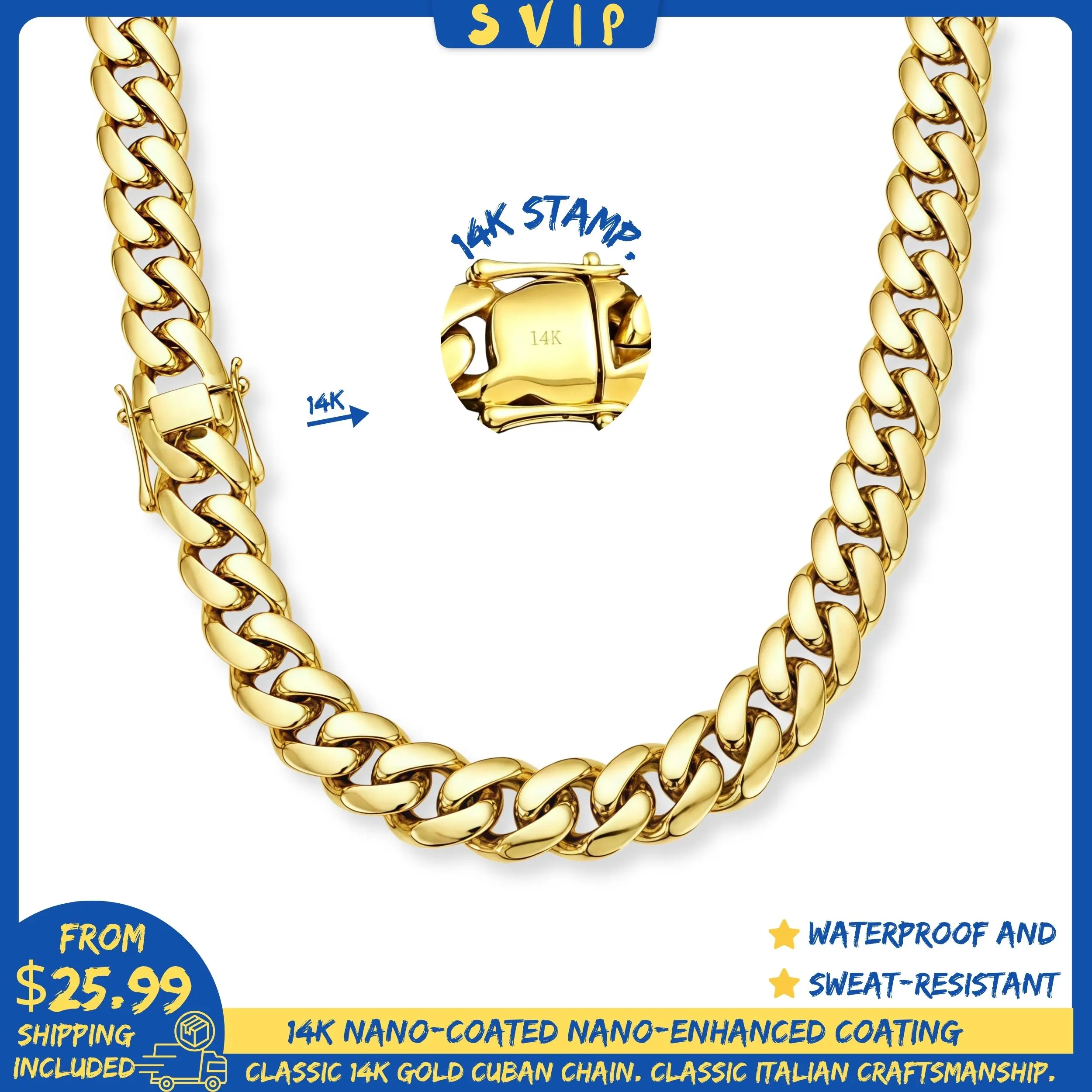 [Free 3-Day Shipping]14K Real Gold Plated Heavy Solid Cuban Link Chain Necklace for Men, Miami Hip Hop Iced Out Bling Rapper Jewelry, Waterproof Non-Tarnish Invariant Green Thick Chunky Streetwear Chain, Gift for Him Father's Day  8/10/12/14/18/20/22MM