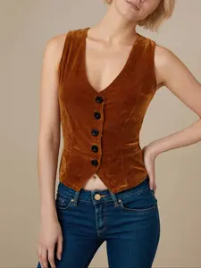 High-Quality Velvet Women's Vest Tops, Slim-Fitting Elegant Chic Style, Asymmetrical Button Front, Crop Box Type, All Seasons Wear