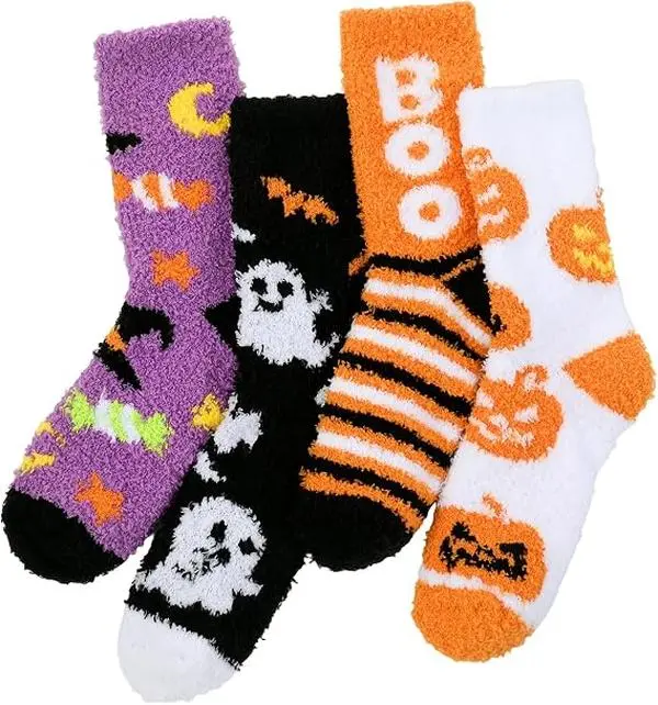 Halloween Fall Gift  Fuzzy Socks for Women Boo Spooky Basket Stuffers 4 Pairs | Warm Fluffy Slipper Sock, Plush Winter Thick Sock, Ideal for Lounging Sleeping, Holiday Gifts for Mom Wife Grandma, Size 5-9