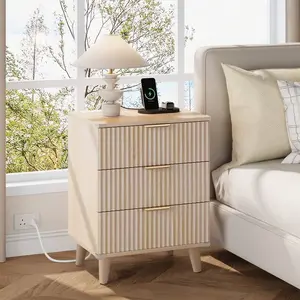 Wood 3 Drawers Dresser Fluted Night Stand With Charging Station, Storage Nightstand Modern Side Table, Bedside Table For Bedroom, Living Room Entryway, Natural