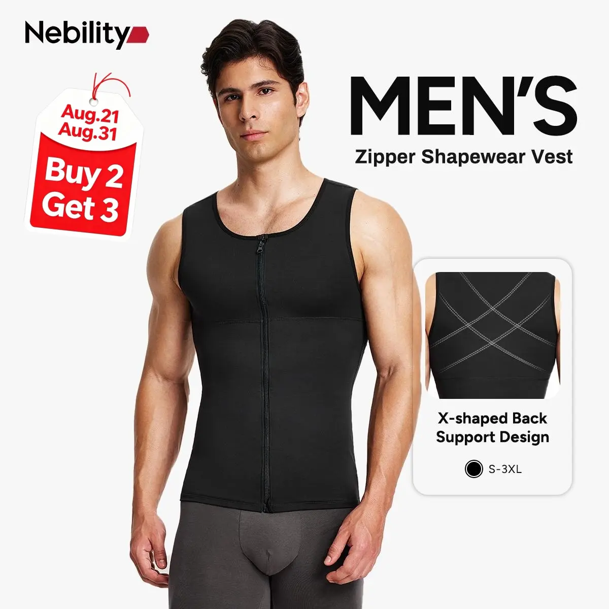 【New Arrival】Nebility Men's Compression Tank Top with Zipper, Chest and Back Support, X-Shape Back Design for Better Posture, Smooths Chest and Belly, Breathable Stretch Fabric for Daily Wear and Workouts