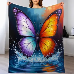 Heavyweight 300GSM Flannel Blanket - Ultra Soft All-Season Shawl, Purple, Orange, Yellow, Blue, and Black and White Watercolor Butterfly Art Pattern - Fluffy Bedspread or Sofa Cover, Decorative Accent - Machine Washable Luxurious Home Gift, Vibrant Patter