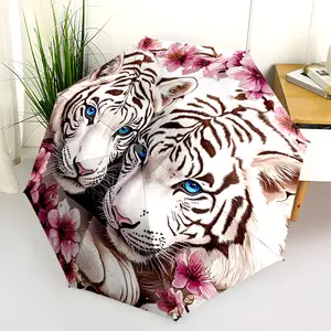 1 PC Automatic Folding Umbrella - White Tiger Flowers Artwork Pattern, Portable & Foldable Design with 8 Ribs, Merry Christmas Pattern,Casual Outdoor Accessory Halloween and Christmas Birthday Gifts. J00121