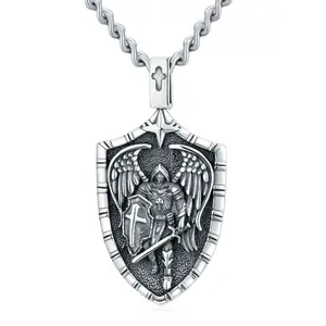 S925 Sterling Silver Saint Michael Pendant Shield Necklace with Engraved Word for Men engrave word Springtok TikTokShopBlackFriday