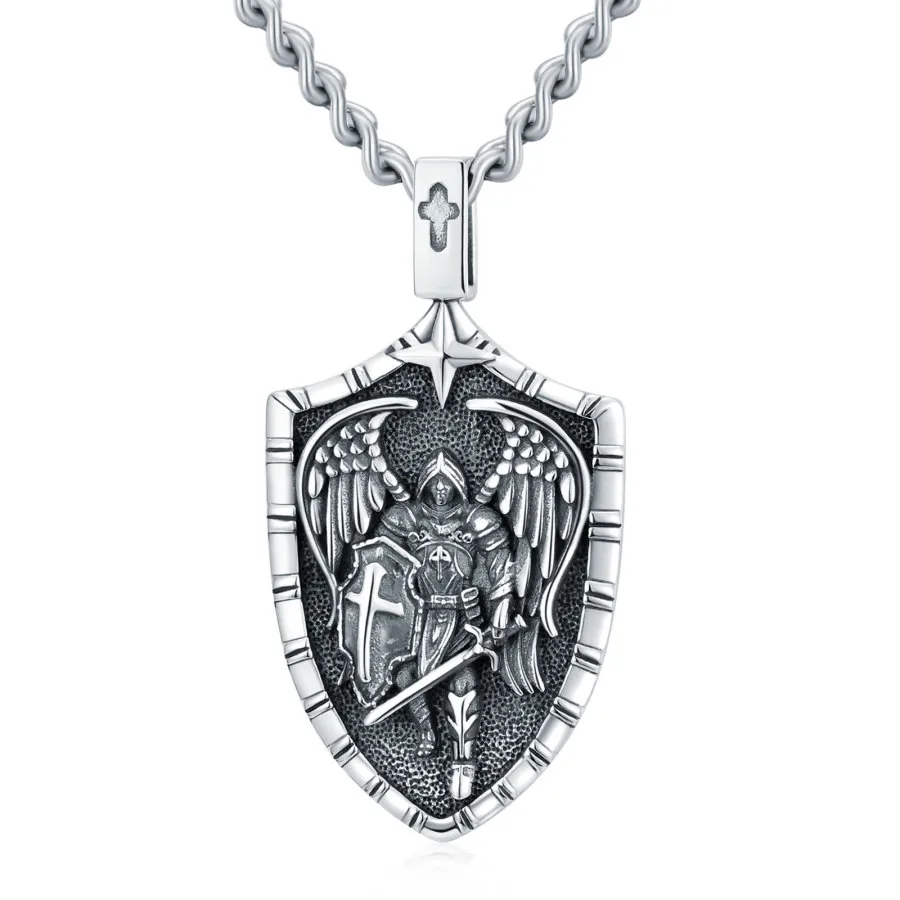 S925 Sterling Silver Saint Michael Pendant Shield Necklace with Engraved Word for Men engrave word Springtok