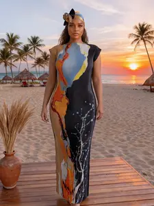 Women's Casual Style All-Over Printed Long Dress Set, Slim Fit Moo Moo Robe & Scarf, Beach Sun Protection Shawl for All Seasons