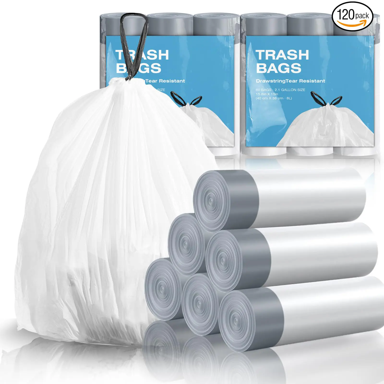 120 Counts 1.6 Gallon Mini Drawstring Trash Bags, Small Garbage Bags , Code a fit 4.5-8 Liter, 1.2-2 Gal, White Trash Bin Liners for Home Office Kitchen Bathroom Bedroom