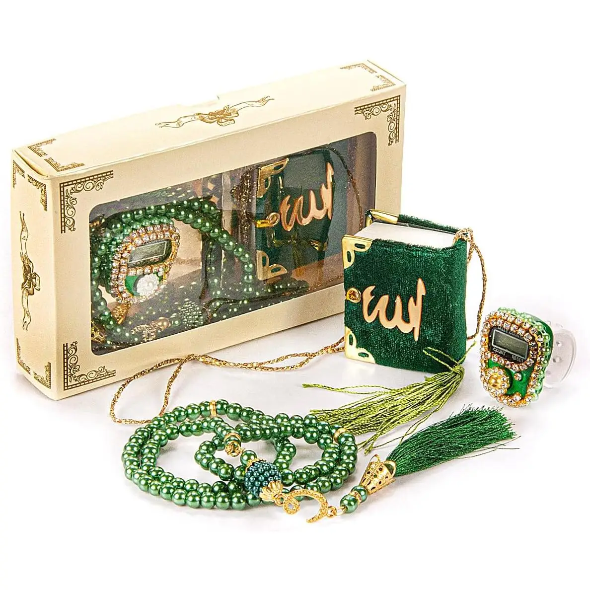 Mini Velvet Quran Set with Islamic Finger Counter – Portable Digital Tasbeeh & Pearl Zikirmatic Beads – 3 Pieces Muslim Prayer Beads Gift Set (Green)