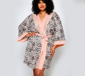 iCollection Plus Size Leopard & Lace Microfiber Robe