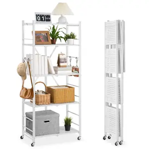 VEVOR 5-Tier Foldable Steel Storage Shelf, 28W x 15D x 64H in Switch-Expandable Folding Metal Rack, No-Assembly Organizer with 5 Wheels & 4 Hanging Hooks for Pantry, Garage, White