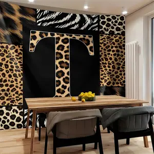 Letter T-V Custom Leopard Print Tapestry, Geometric Patchwork Wall Hang, Retro Home Decor, Elegant Background Cloth, Unique Gift