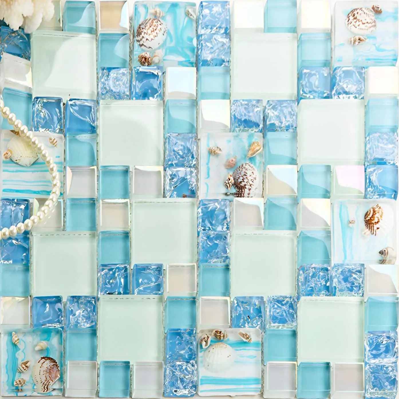 Glossy Glass Tile Blue Cracked Mosaic Beach Style Kitchen Backsplash Shell Resin Iridescent Bathroom Wall Tiles Decor Stickers Decorative Ornaments