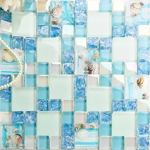 Glossy Glass Tile Blue Cracked Mosaic Beach Style Kitchen Backsplash Shell Resin Iridescent Bathroom Wall Tiles Decor Stickers Decorative Ornaments