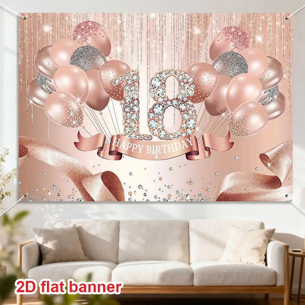 Rose gold birthday decorations - 18th birthday banner, Happy Birthday party and photo backdrop fabric, Party Decoration Supplies, suitable for birthday celebrations, gift ideas and photography props