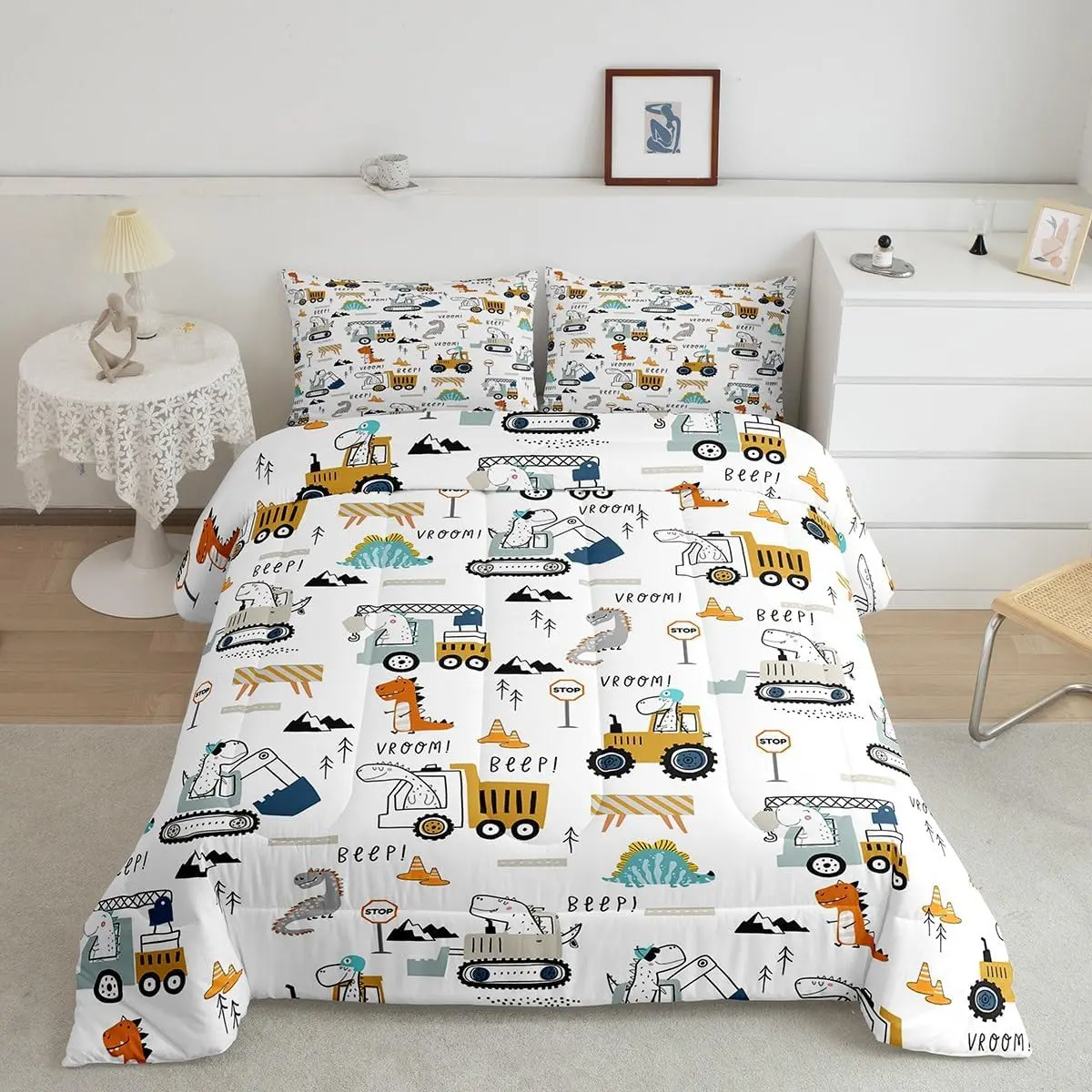 Feelyou 3D Dinosaur Character Duvet & Sets - Yellow Digital Print, Truck-Themed, Soft Warm Bedding, Soft Comfy Blanket, All Seasons, Queen, Multi-Size, Machine Washable Decorative Quilt