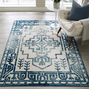 Modway Reflect Nyssa Distressed Geometric Southwestern Aztec 5x8 Indoor/Outdoor Area Rug in Ivory and Blue