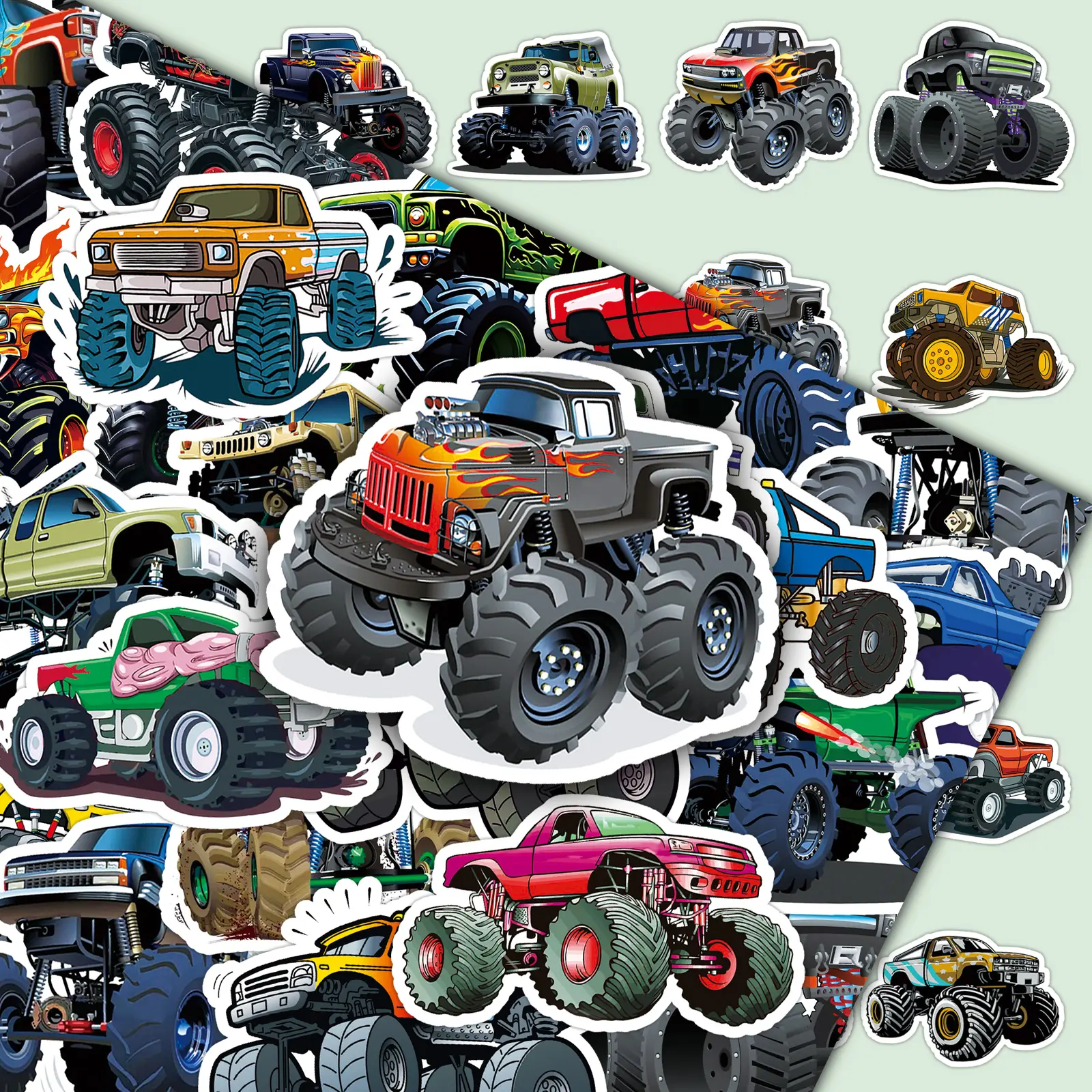 Monster Truck Sticker Sheet Pack - 100 Pcs Creative Cartoon Decals for DIY Scrapbooks, Laptops, Skates & Hydro Flasks