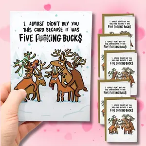 Pack of 6 Cards - Five Bucks Worse Christmas Greeting Cards - Gag Christmas Cards Bundle - Funny Xmas Hilarious Gift - Naughty Adult Humor Card - Santa Reindeer Cute Design