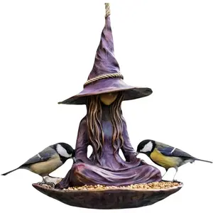 Meditating Witch Garden Hanging Bird Feeder, Creative Purple Hat Witch Wild Bird Seed Tray for Outside with Rope Hanger, Unique Zen Garden Decor, Outdoor Yard Art & Gift, Bird Supplies