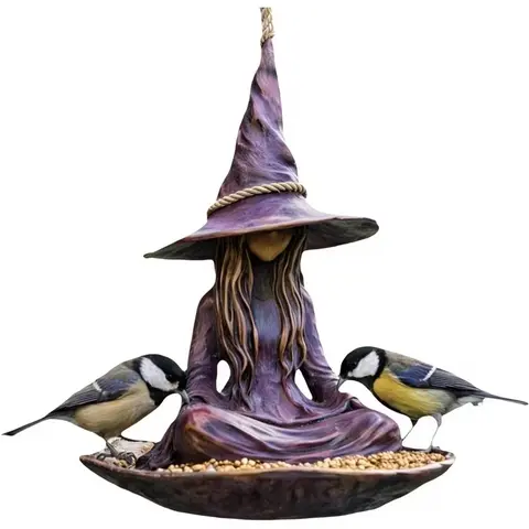 Meditative Witch Garden Bird Feeder, Bird Feeders for Outdoors, Creative Hat Witch Wild Bird Seed Tray, Rope Hanging, Unique Zen Garden Decor, Halloween Decoration, Outdoor Courtyard Art and Gift, Birds Feeder