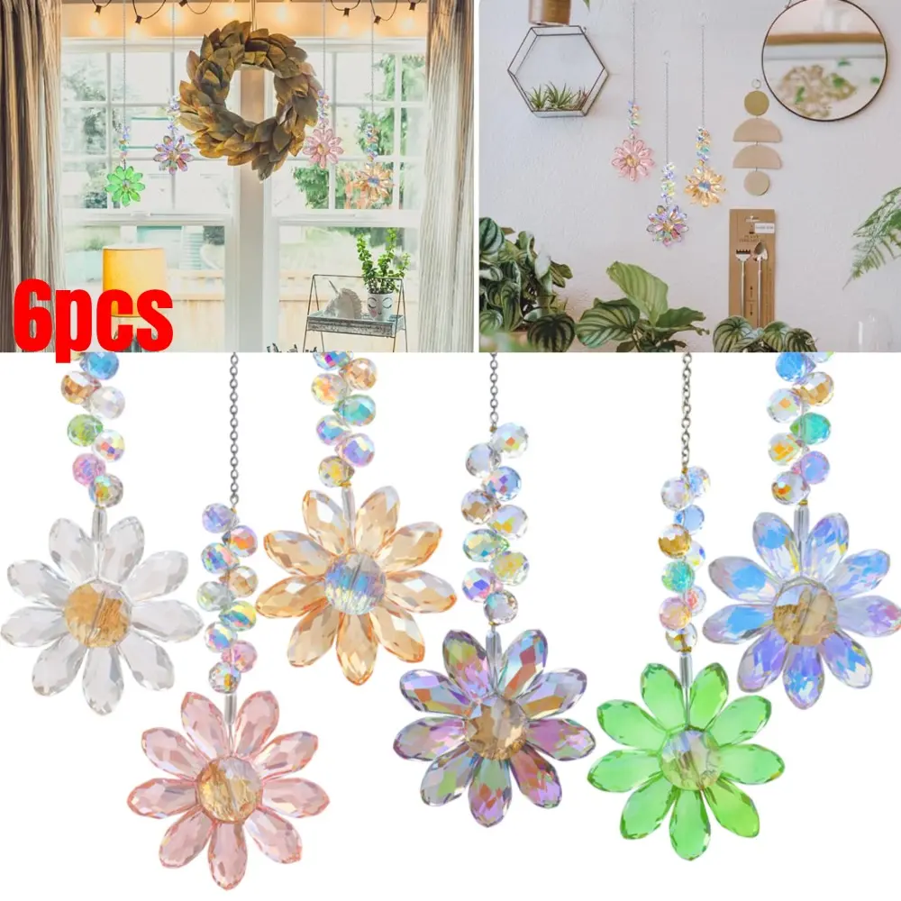 6pcs Crystal Sunflower Suncatchers Hanging Ornaments, Rainbow Maker Sun Catchers Indoor Window Outdoor Patio Garden Decor Gifts