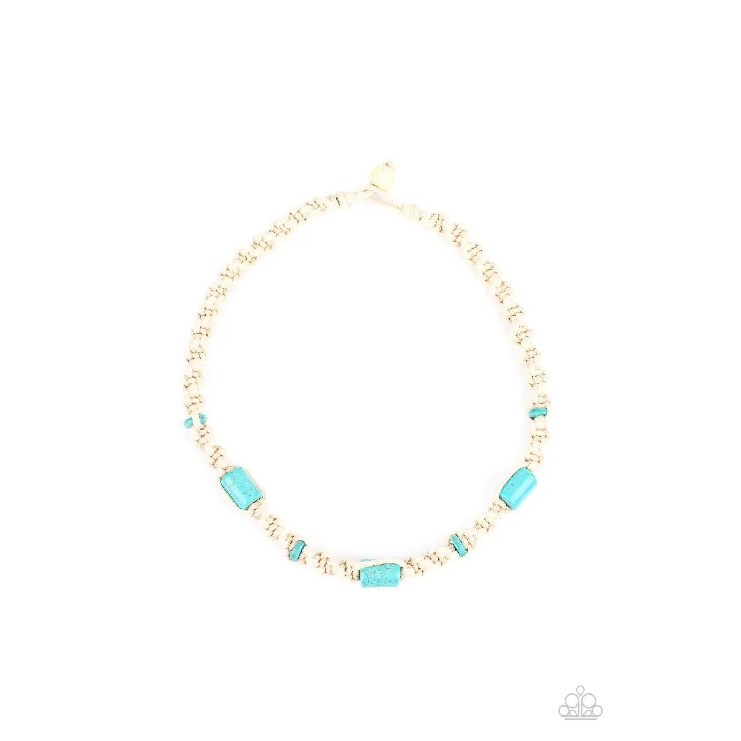 Casual Blue Macramé Necklace - Chunky Spiral Weave, Beaded Cord, Natural Cord, 3 Generous Cylindrical Stones, Small Flat Accents, Homespun Button Loop Closure, Stone Beads Jewelry, Small Flat Stone Accents