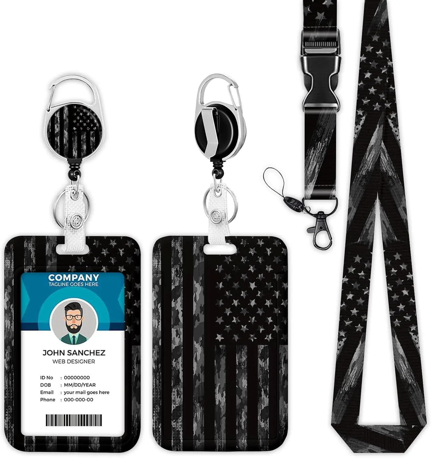 Black Camo  Flag Lanyards for ID Badges, ID Badge Holder with Lanyard Retractable Badge Holder/Reel Lanyard, Teacher Student Office Gifts