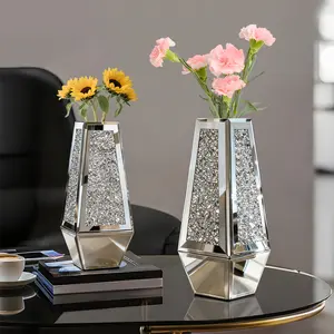 Crushed Diamond Mirrored Vases Set of 2,  Silver Glass Flower Vases, Large Decorative Mirrored Containers for Dried Flowers,  Crystal Vase for Table Home Decor Dried Flowers Centerpieces - Can’t Hold Water