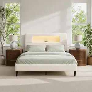 【Ergonomic Design】Sturdy Construction King/Queen Size Bed Frame with 105° Ergonomic Storage Headboard, Upholstered Bed Frame with LED Lights & Charging Station, Unique Open-Design, NO Noise, Easy Assembly, No Box Spring Needed,882 Lbs Capacity,Beige