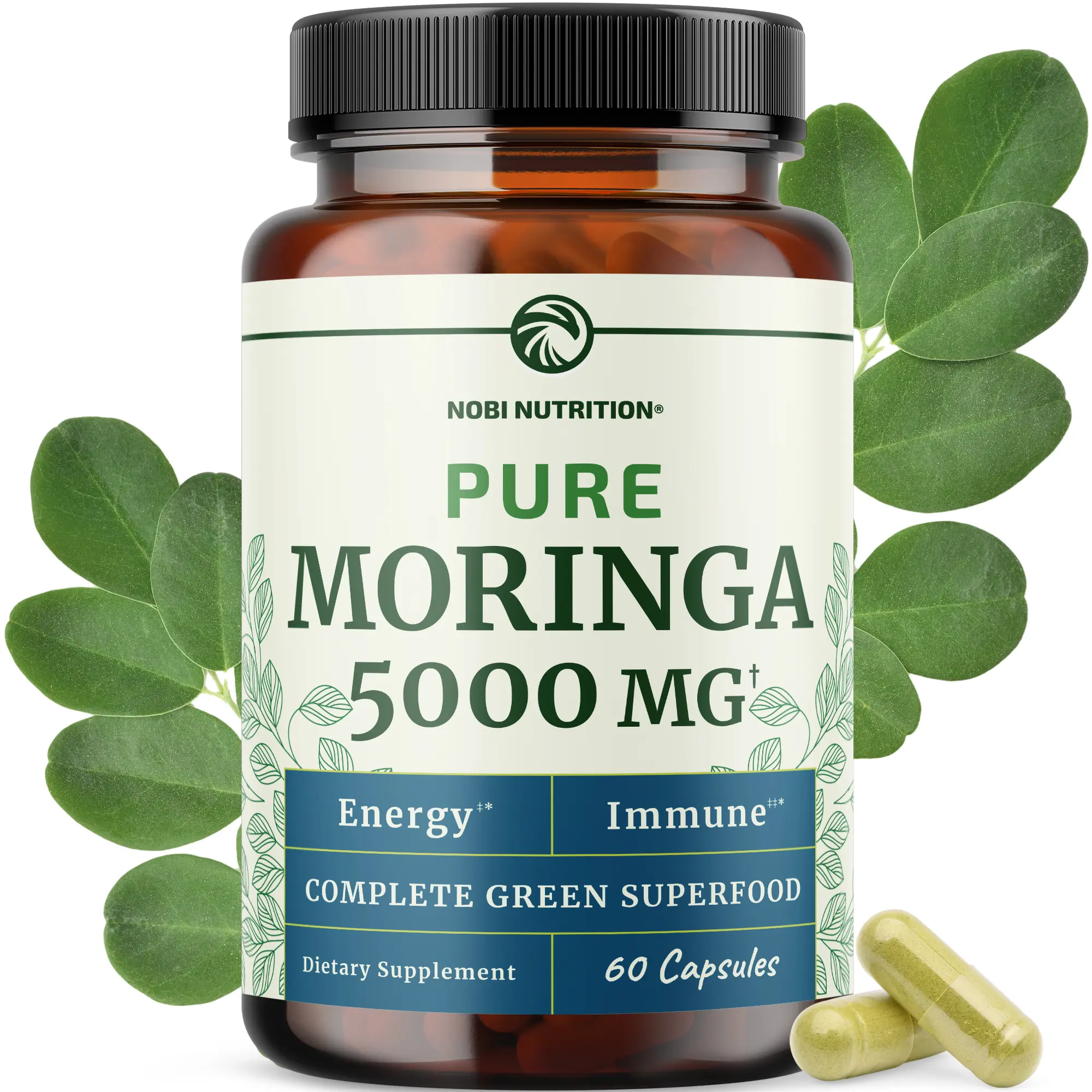 Nobi Nutrition Pure Moringa 5000mg Capsules - Potent Antioxidant Superfood for Energy Immunity & Gut Health - 60 Vegetarian Non-GMO Gluten-Free Capsules - Natural Immune Booster