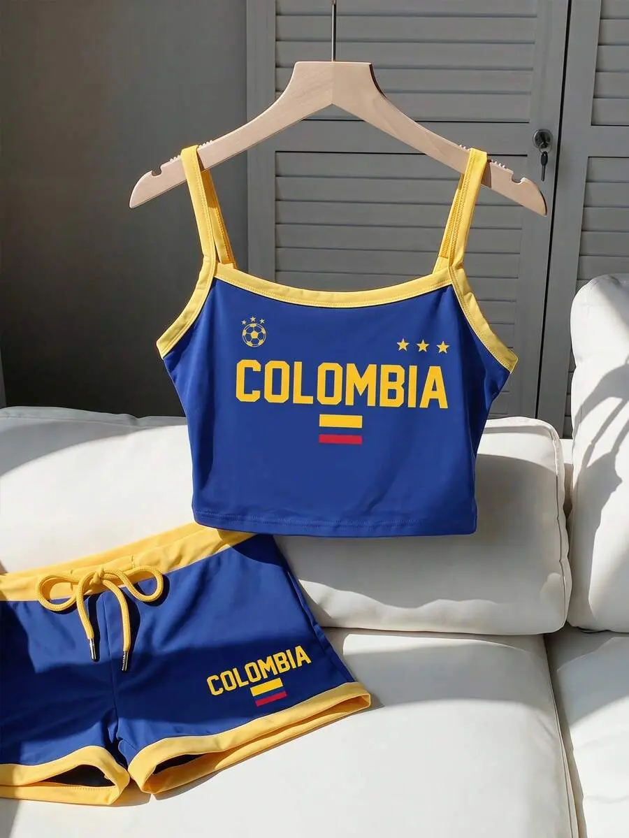 ADD2FIT Women's Colombia Graphic Crop Top and Shorts Set, Soccer Inspired 2 Piece Outfit, Summer Streetwear Fashion